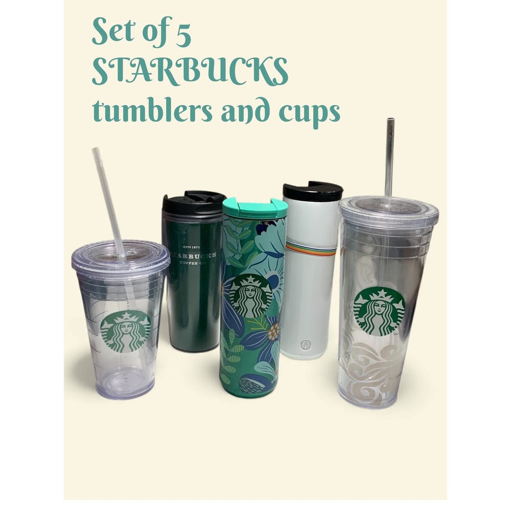 Set of 5 STARBUCKS tumblers and cups with lids & straws